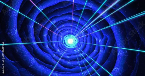 Vibrant Blue Neon Light Spiral Tunnel Effect.