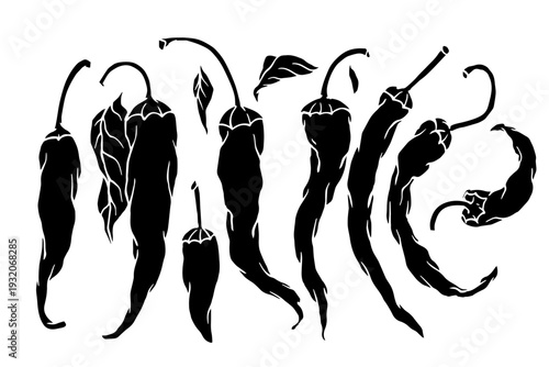 Set of vegetable silhouettes, hot chili stamps. Vector graphics.