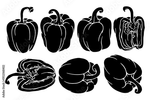 Set of vegetable silhouettes and stamps, sweet pepper. Vector graphics.