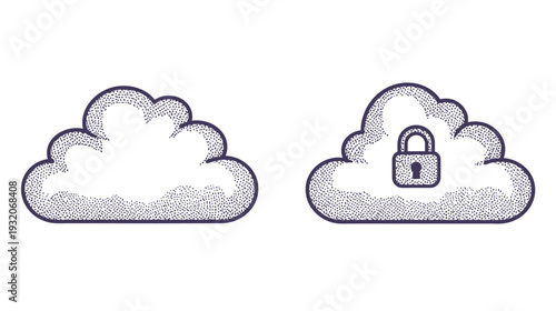 Illustration of two cloud shapes, one with a padlock symbolizing secure data storage