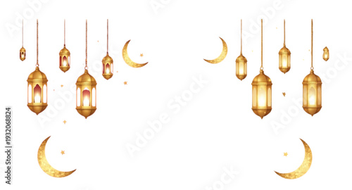 Golden Ramadan Lanterns with Crescent and Stars