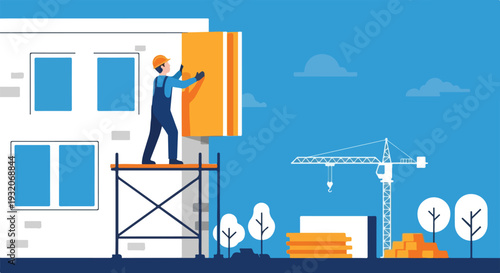 A construction worker on scaffolding is installing orange panels on a building, with a crane and construction materials in the background under a blue sky.