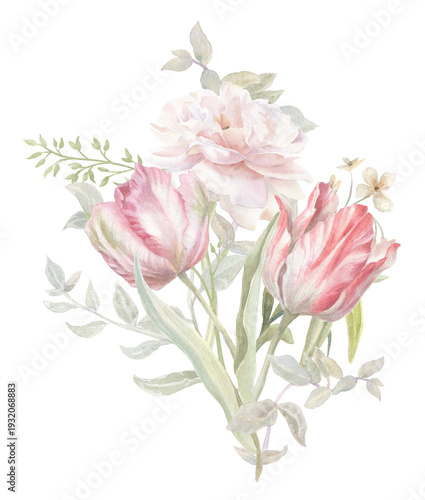 Watercolor floral elegant border with tulips, roses and peonies in classy vintage style, hand-painted illustration