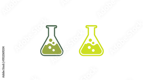 Two scientific flasks side-by-side; one in dark green, and a lime green example with white bubbles