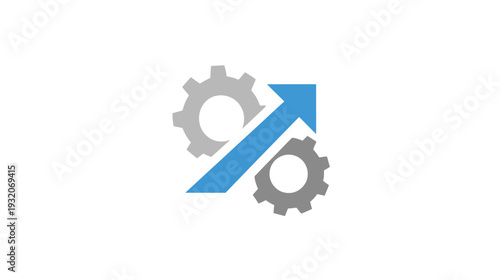 A tech-inspired illustration with two cogwheels, a diagonal arrow, and a white background