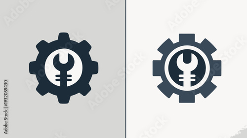 A side-by-side illustration featuring a gear surrounding a wrench-like tool