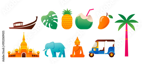 Thailand attractions, landmarks and symbols colorful icons collection.