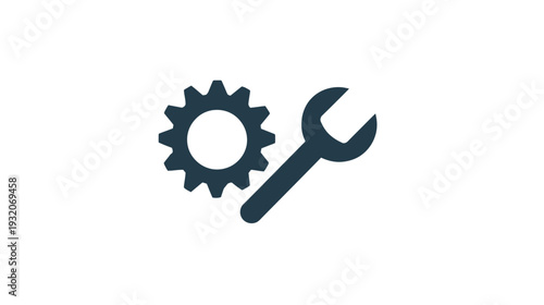 A dark blue gear next to a dark blue crescent wrench on a white background