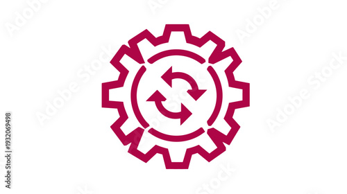 A burgundy gear with an inner circle of arrows, denoting cyclical processes on a white backdrop
