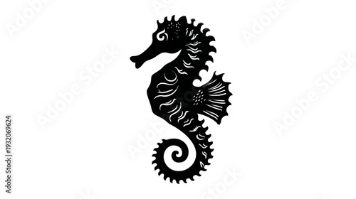 A silhouette of a seahorse, black against white, showing decorative patterns and a curly tail