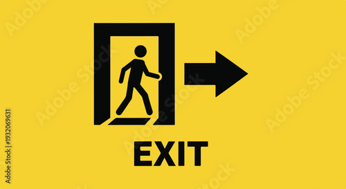 A clear yellow exit sign with a black icon of a person exiting a door, a right arrow, and the bold word 'EXIT'.