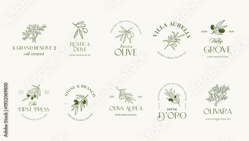 Vintage hand drawn olive old labels, badges and minimalist logos.
