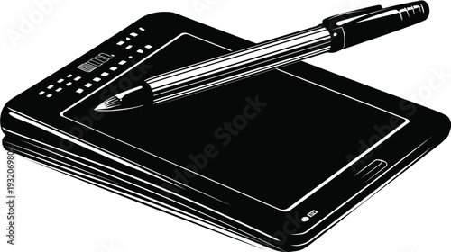 A black and white stylized illustration of a tablet with a pen resting across the surface