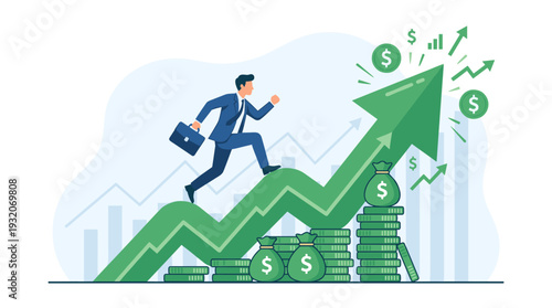 Businessman running up a large green arrow representing financial growth, revenue, and profit. Concept of business success, investment, career progress, and economic prosperity. Flat vector.