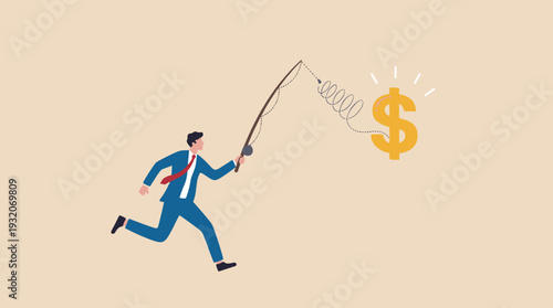 Businessman running and chasing a golden dollar sign bait with a fishing rod, concept of motivation, financial incentive, greed, ambition, and pursuit of wealth in business career growth.