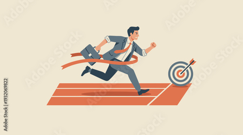 Businessman in a suit sprinting on a running track, crossing the finish line and heading towards a bullseye target, symbolizing career success, achievement, competition, and goal attainment.