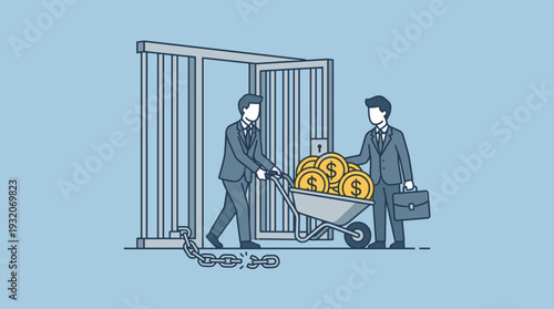 Illustration of businessmen moving a wheelbarrow full of gold dollar coins out of an open prison gate with broken chains, symbolizing financial freedom, wealth liberation, and debt escape.