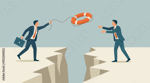 Businessman throwing a lifebuoy to another businessman across a deep chasm crack, symbolizing business support, crisis management, teamwork, financial rescue, and assistance in difficult times.