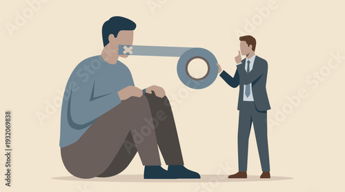 Businessman Silencing a Giant with Adhesive Tape Over Mouth, Conceptual Illustration of Censorship, Suppression of Freedom of Speech, Corporate Control, and Restricting Communication or Secrets