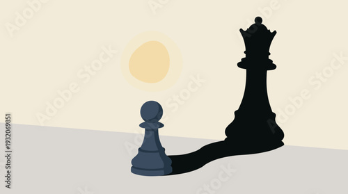 Conceptual Illustration of a Small Chess Pawn Casting a Large Shadow of a Queen, Representing Ambition, Hidden Potential, Self-Confidence, Leadership, Personal Growth, and Dreaming of Success