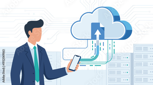 Businessman Uploading Data from a Smartphone to Cloud Storage, Cloud Computing Technology Concept with Server Racks and Circuit Board Background, Digital File Transfer and Network Connectivity