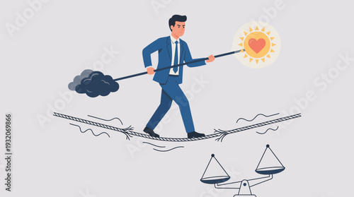 Businessman balancing positive and negative emotions on a frayed tightrope, conceptual illustration of mental health, stress management, resilience, and finding harmony in a challenging life.