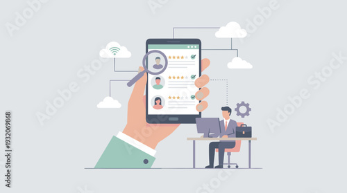 Recruitment and Talent Acquisition Concept with a Large Hand Holding a Smartphone Displaying Candidate Profiles with Ratings and a Magnifying Glass, Businessman Working at a Desk in Background.