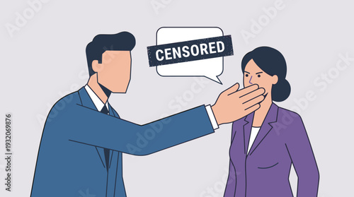 Censorship and freedom of speech concept with businessman covering businesswoman's mouth. Silencing voice in office, suppression of opinion, and gender inequality flat vector illustration.