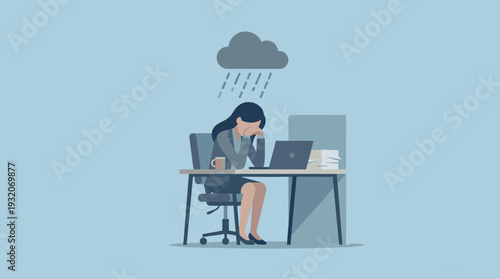 Stressed and Depressed Businesswoman Sitting at Office Desk with Head in Hands Under a Rain Cloud, Representing Mental Health Crisis, Workload Pressure, Burnout, and Emotional Exhaustion at Work