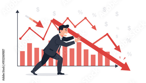 Businessman struggling to hold up a falling red arrow on a financial chart, representing a stock market crash, economic recession, investment risk, capital loss, and global financial crisis.