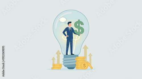 Businessman standing inside a light bulb holding a dollar sign, representing how innovative ideas and creativity lead to profit, financial growth, and business success with coins and arrows.