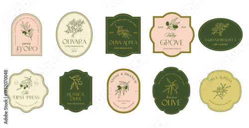Vintage hand drawn olive old labels, badges and logos.