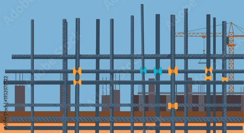 A vector illustration shows the steel rebar framework of a building under construction, with horizontal and vertical bars connected and a crane in the background.