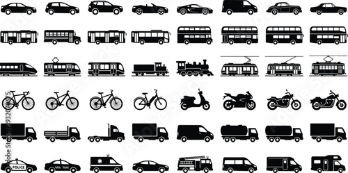 Black vehicle silhouette icon set featuring cars, buses, trains, bicycles, motorcycles, trucks and emergency transport, detailed transportation vector collection isolated on white background.