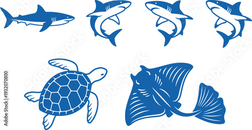 Blue marine animal logo collection featuring shark silhouettes, sea turtle and manta ray illustrations, modern ocean wildlife vector icons isolated on white background.