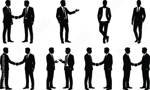 Businessmen silhouette collection featuring handshake, discussion and standing poses, professional corporate men in suits, black vector business people isolated on white background.