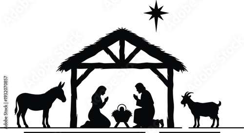 Christmas nativity scene silhouette featuring Mary, Joseph and baby Jesus in manger with star, donkey and goat, black vector illustration isolated on white background.