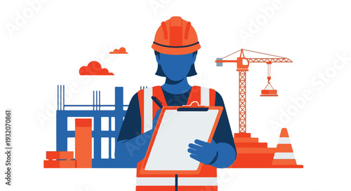 A stylized illustration of a construction worker in a hard hat and safety vest writing on a clipboard, surrounded by building site elements.