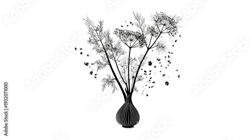 A black and white illustration of herbs rising from an onion, on a pure white background