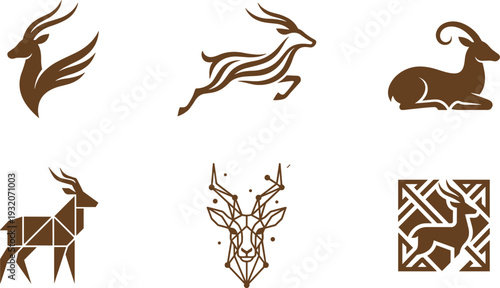 Collection of stylized antelope and deer logo designs featuring winged gazelle, geometric stag head, running and resting silhouettes, modern brown vector animal emblems.