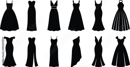 Elegant women dress silhouette collection featuring evening gowns and formal fashion styles, black vector apparel icons isolated on white background.