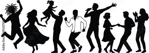 Dancing people silhouette collection featuring singers and joyful party crowd, black vector men and women celebrating with music isolated on white background.