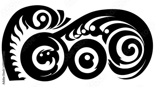 A black and white decorative flourish featuring swirling spirals, dots, and wave-like shapes