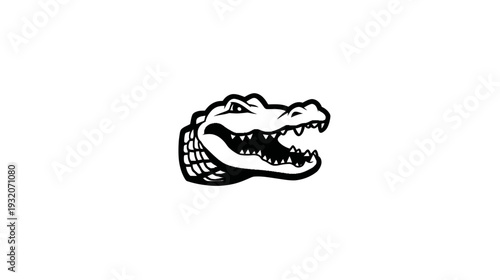 A monochrome illustration showcasing a crocodile's head with an open mouth and sharp teeth