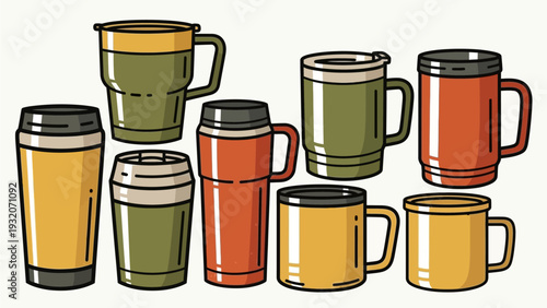 A collection of various insulated mugs and tumblers in different colors and styles, perfect for hot or cold beverages.
