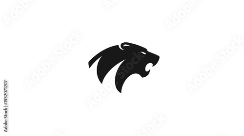 A fierce, stylized monochrome illustration of an animal head, with an open mouth and sharp features