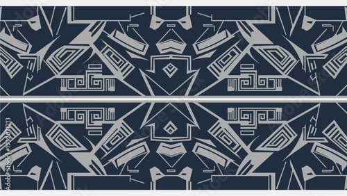 Intricate symmetrical abstract pattern featuring angular and spiral motifs in contrasting dark blue and light grey, suitable for decorative purposes.