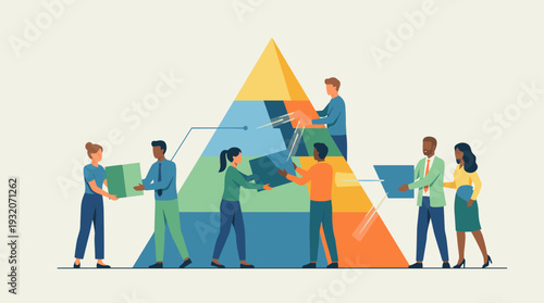 Business Professionals Collaborating to Assemble a Pyramid Symbolizing Teamwork, Success, and Strategic Partnership, Flat Vector Illustration of People Connecting Elements for Common Goals.