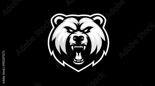 A stylized bear head, facing forward with an open, roaring mouth and exposed fangs. Uses contrasting colors