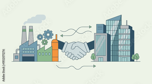 B2B Marketing Concept Vector Illustration of a Factory and Corporate Buildings Shaking Hands Representing Business Partnership, Industrial Collaboration, Trade Agreement, and Supply Chain Synergy